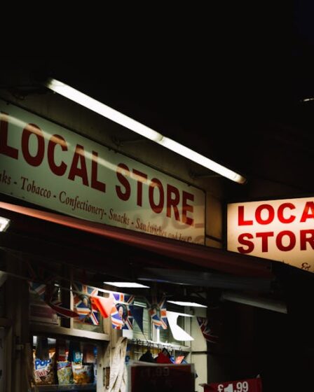 Szyldy sklepu spożywczego z napisem „Local Store” nocą na ulicy miasta.